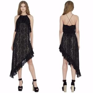 NEW ALICE + OLIVIA Black VELVET Burnout FABIOLA Asymmetrical Ruffle MIDI DRESS 6